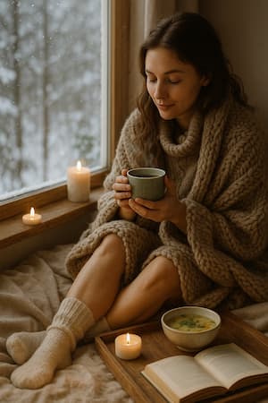 Frau sitzt im Winter in warmer Wolldecke am Fenster, hält eine Tasse Tee, neben ihr Suppe, Buch und Kerzen.