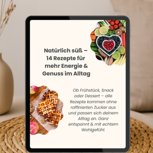 Mockup des Soulcare-E-Books mit 14 Rezepten ohne raffinierten Zucker