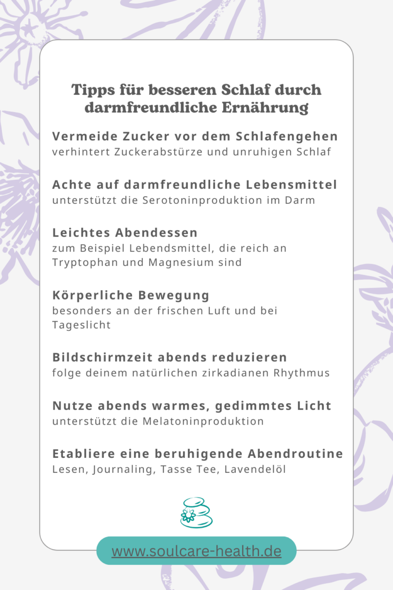 Grafik mit sieben Tipps für besseren Schlaf durch darmfreundliche Ernährung, unter anderem zu Licht, Bewegung, Abendroutine und Ernährung