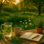 Tasse Tee und Notizbuch auf einem Holztisch im Garten bei Sonnenaufgang – ein achtsamer Morgenmoment für mehr Darmgesundheit mit Kräutern.