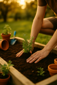 Hände pflanzen frische Kräuter in ein Gartenbeet – Selbstfürsorge und Verbindung zur Natur für mehr Darmgesundheit.