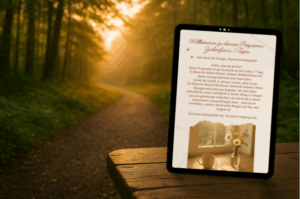 Zuckerfrei Workbook auf Tablet, platziert auf einem Holztisch im Wald, mit Sonnenlicht im Hintergrund