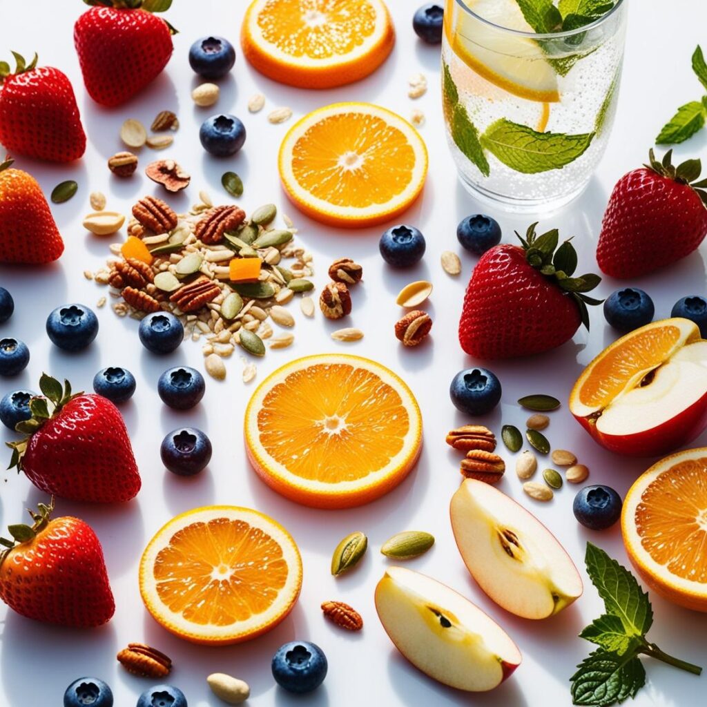Bunte Auswahl an Obst, Nüssen und Kräutern – frisch und darmfreundlich