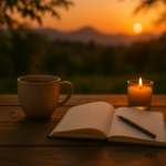 Sonnenuntergang im Garten mit warmem Licht und ruhiger Stimmung – Symbol für gesunden Schlaf und Entspannung