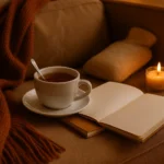 Leber entgiften mit Selbstfürsorge: Tasse Tee, Wärmflasche, Bücher und Decke in gemütlicher Atmosphäre
